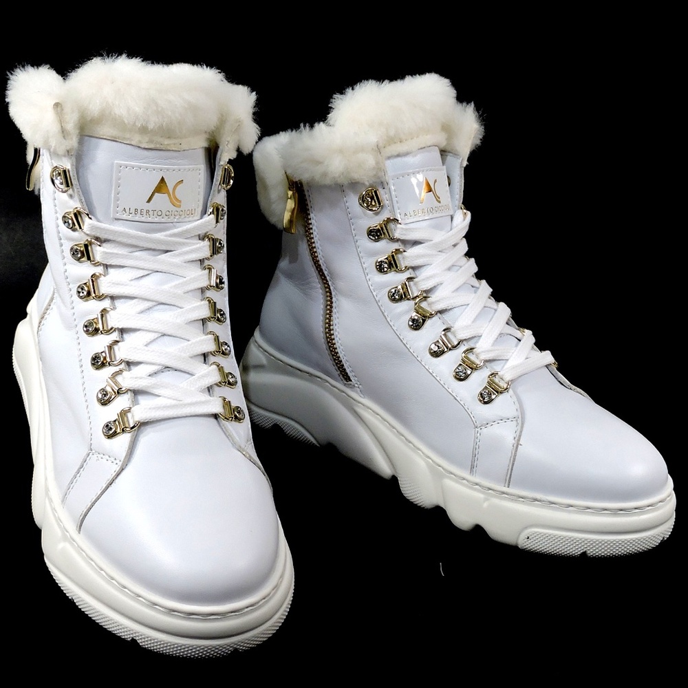 ALBERTO CICCIOLI 🇮🇹 WOMEN'S WHITE LEATHER WINTER FASHION ANKLE FLAT BOOTIE